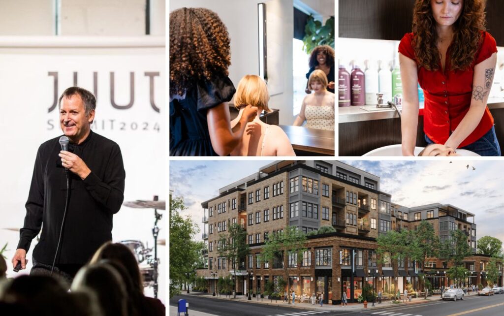A photo grid featuring David Wagner speaking at a JUUT celebration, a JUUT hair stylist styling a guest's hair, a JUUT colorist washing a guest's hair, and a rendering of the new St. Paul JUUT salon and spa