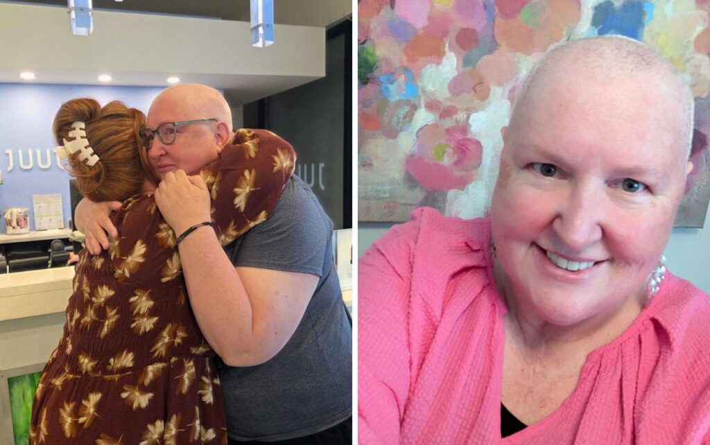 JUUT guest and breast cancer patient, Candee Wolf, embraces her stylist after a sanctuary haircut and head shave