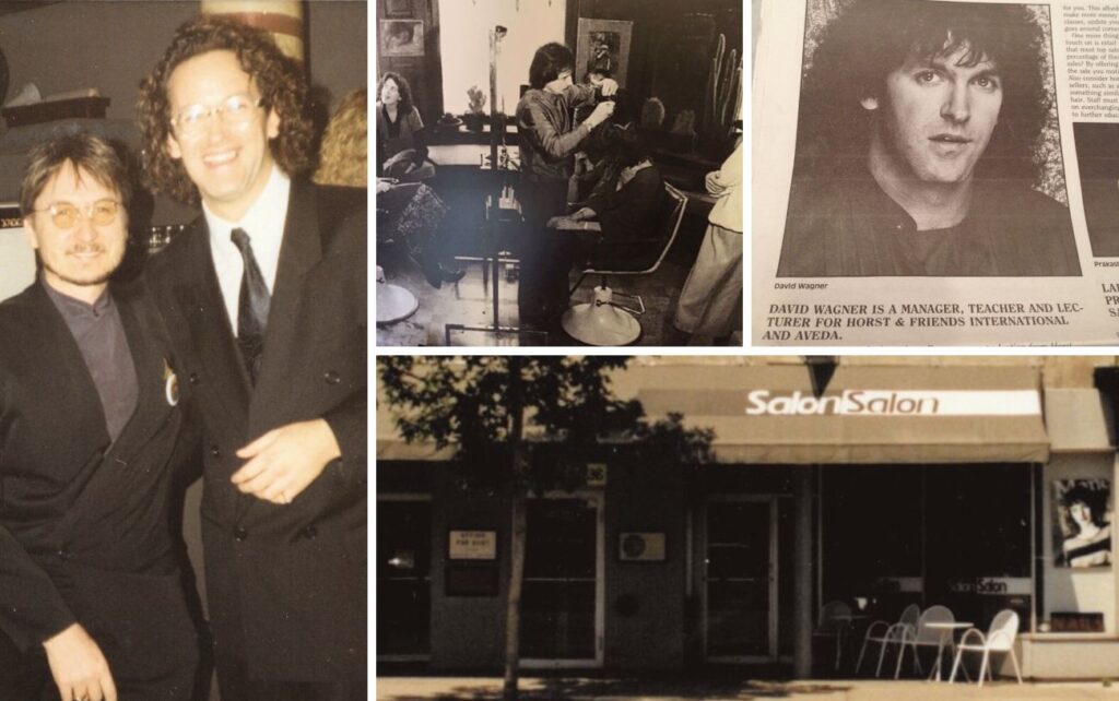 Photos of JUUT's early history. From left to right and top to bottom: David Wagner and Horst Rechelbacher; Horst cutting a woman's hair, David in a newspaper clip, and an exterior photo of Salon Salon.