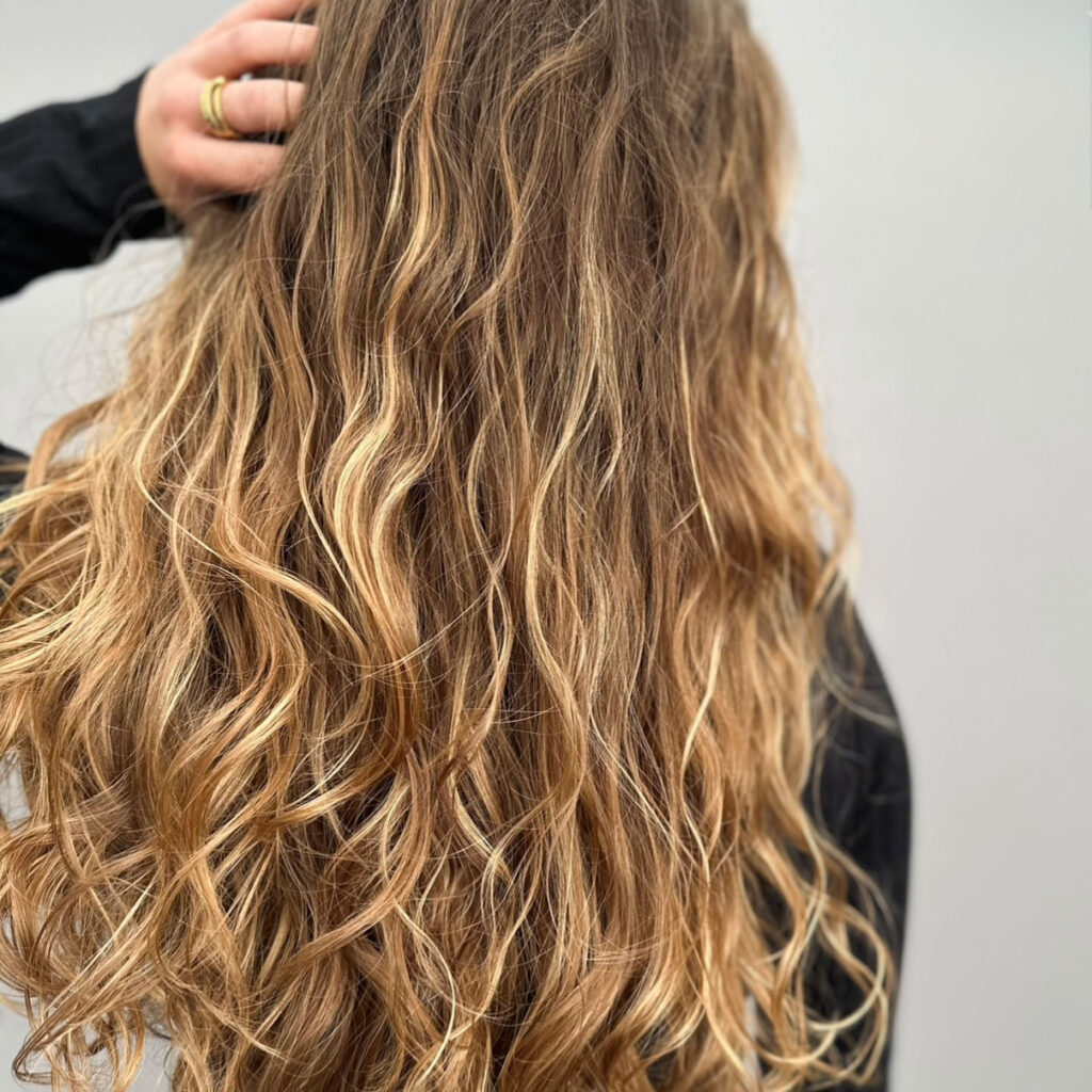 The back of a blonde woman's head revealing her beautifully defined 2c wavy hair
