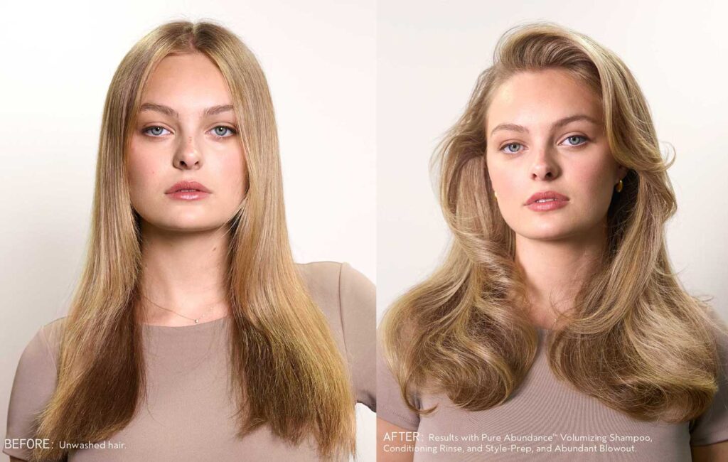 A before and after photo of a young blonde woman with a 90s blowout created with Aveda's new Abundant Blowout product