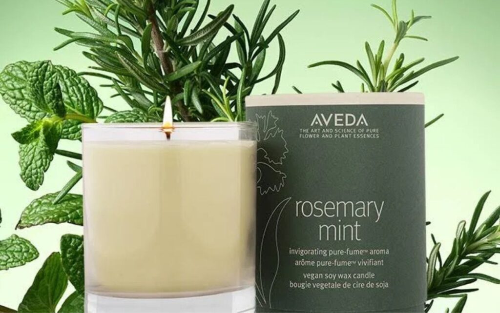 An Aveda Rosemary Mint candle burns next to a round, rosemary-colored Aveda box. Sprigs of mint and rosemary appear in the background.