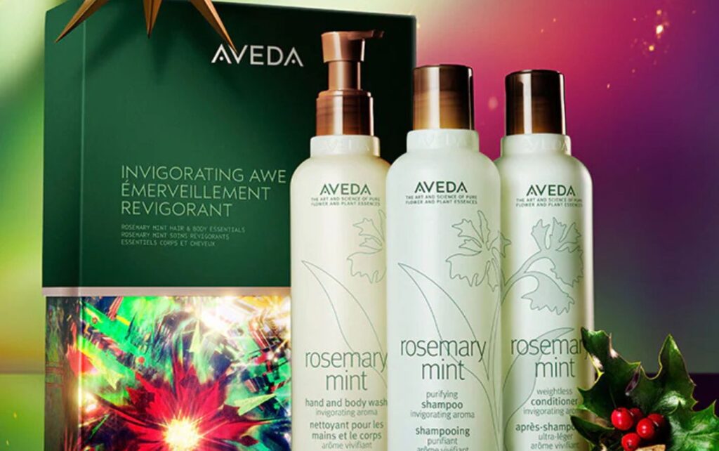 A festive Aveda holiday beauty gift set featuring three Rosemary Mint hair care products set against an aurora borealis background.